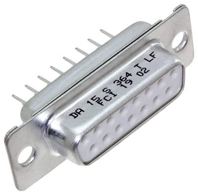 Ein metallischer D-Sub-Stecker mit fünfzehn Pins, häufig verwendet für Computervideoausgänge und andere elektronische Verbindungen.