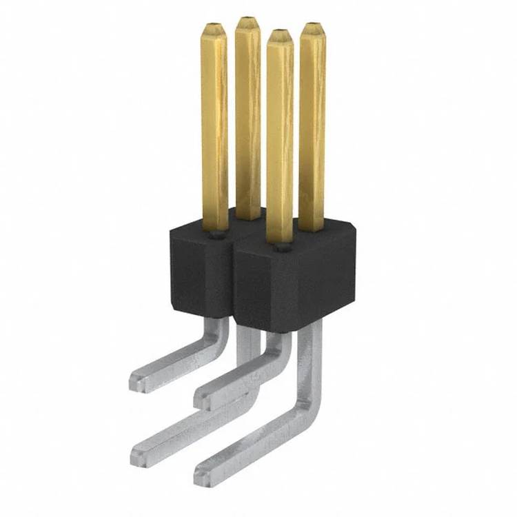 Stiftleistenverbinder mit vier vergoldeten Stiften und abgewinkelten Metallbeinen zur Leiterplattenmontage.