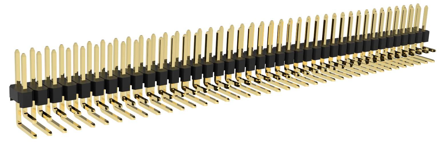 Eine Reihe vergoldeter elektrischer Steckerpins mit schwarzen Isolatoren, in zwei Richtungen abgewinkelt zur Leiterplattenmontage.