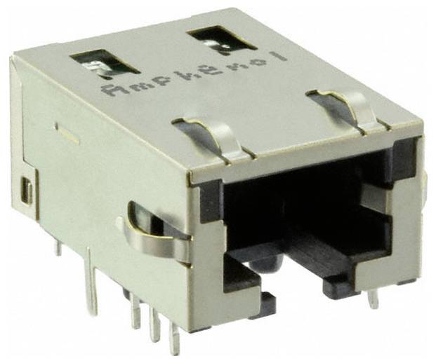 RJ45-Ethernet-Anschluss mit acht Metallkontakten im Inneren, verwendet für Netzwerkkabelverbindungen. Silbernes Metallgehäuse mit sichtbaren Stiften.