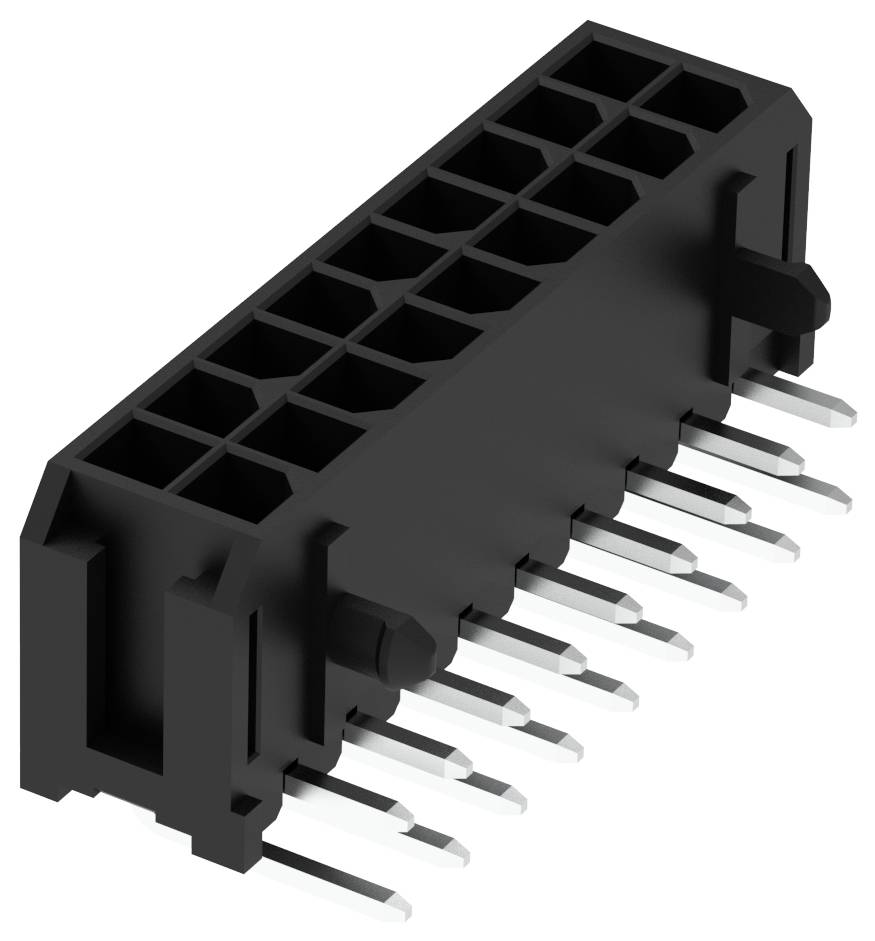 Schwarzer rechteckiger elektronischer Stecker mit 16 Pins, die sich von unten erstrecken, wahrscheinlich zur Verbindung von Leiterplatten verwendet.