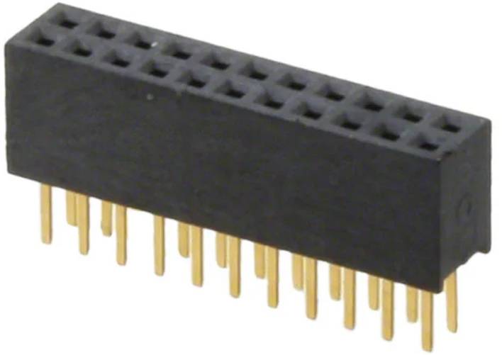 Ein schwarzer rechteckiger Stiftleisten-Stecker mit mehreren vergoldeten Stiften, die nach unten hervorstehen.