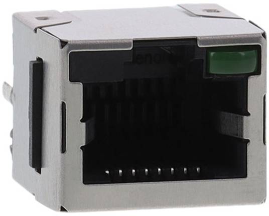 Ein RJ45-Ethernet-Anschluss mit metallischem Gehäuse und grüner Kontrollleuchte oben, wird für Netzwerkkabelverbindungen verwendet.