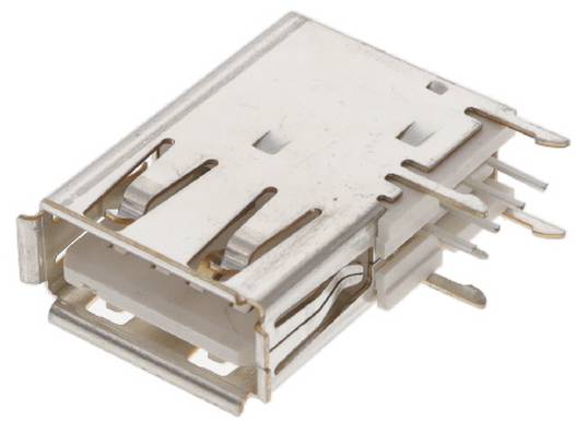 Ein USB-Stecker mit Metallgehäuse und vier Stiften, der eine typische rechteckige Form zeigt, die in elektronischen Geräten für Daten- und Stromübertragung verwendet wird.