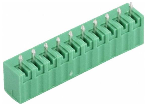 Ein grüner Terminalblock-Stecker mit zehn Pins, der für elektrische Verbindungen verwendet wird.