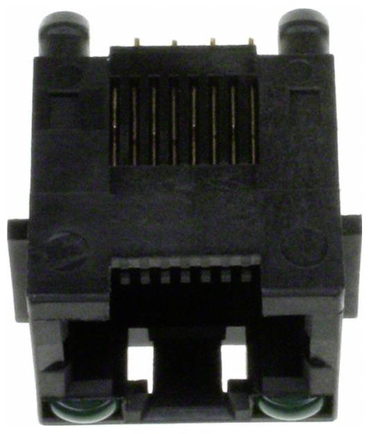 Ein RJ45-Ethernet-Anschluss mit acht Metallkontakten in einem rechteckigen Gehäuse. Wird für Netzwerkkabelverbindungen verwendet.