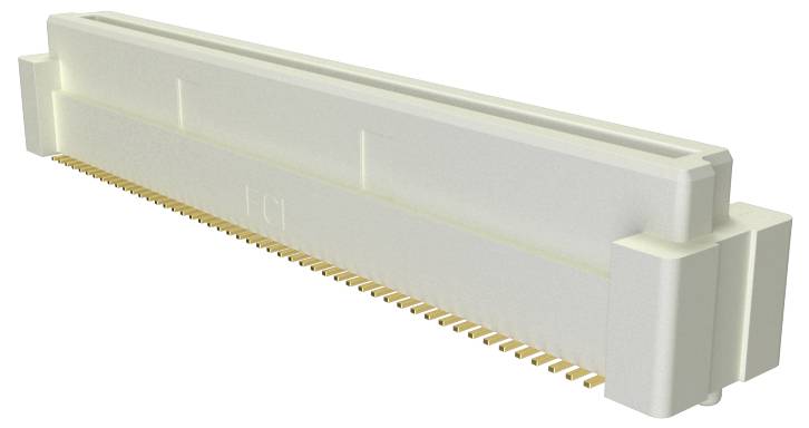 Ein weißer PCI-Express-x16-Steckverbinder in schräger Ansicht, der seine vergoldeten Kontakte zeigt, wird zum Verbinden einer Grafikkarte mit einem Computermotherboard verwendet.