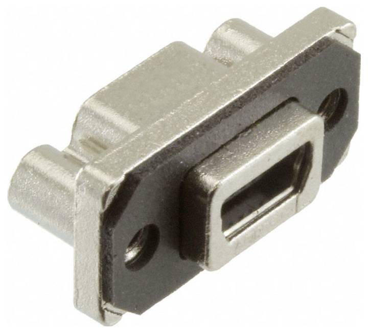 Ein Metall-USB-Mini-B-Buchsenverbinder mit zwei Befestigungslöchern, entworfen für Leiterplatten und Geräte, gezeigt in einer angewinkelten Draufsicht.