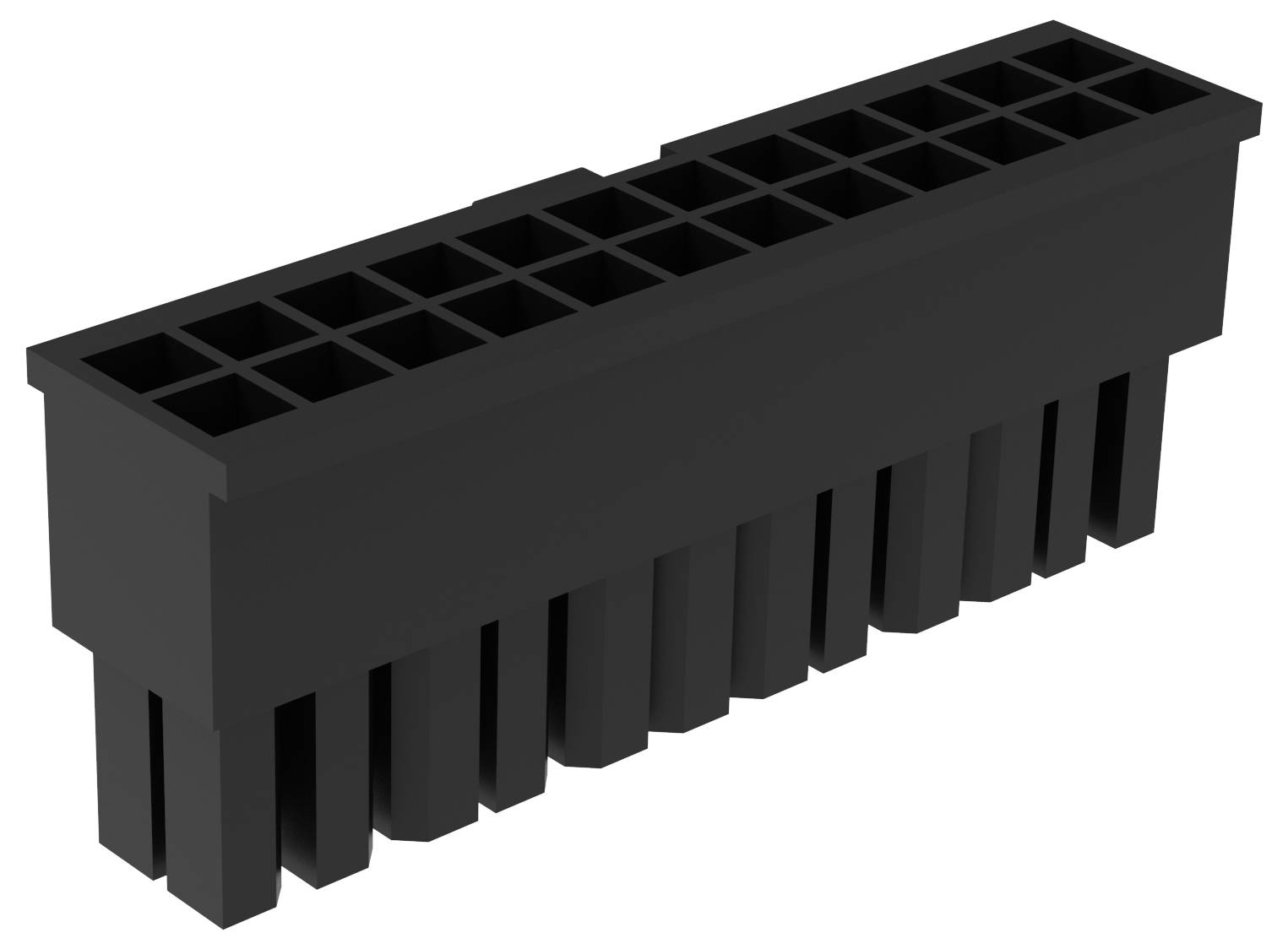 Schwarzer 24-poliger ATX-Stromstecker. Rechteckige Form mit zwei Reihen zu je 12 Stiften, die in Computernetzteilen für die Verbindung mit dem Motherboard verwendet werden.