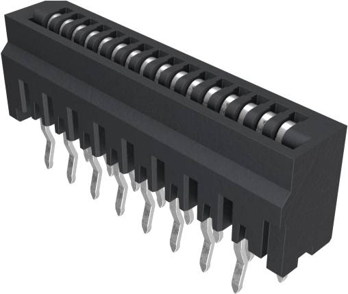 Ein schwarzer, rechteckiger elektronischer Stecker mit mehreren Metallstiften, die sich nach unten erstrecken, um auf einer Leiterplatte montiert zu werden.