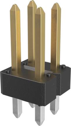 Ein schwarz-goldener vier-polig elektronischer Stecker mit rechteckigen Stiften und metallischen Spitzen, der häufig bei Leiterplattensteckverbindungen verwendet wird.