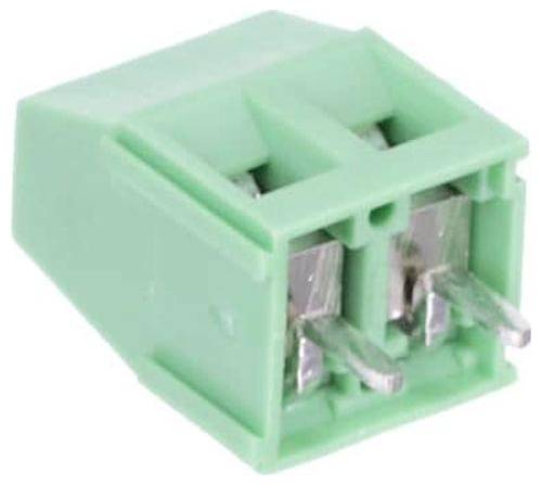 Ein kleiner grüner elektronischer Stecker mit zwei Metallstiften, der zum Verbinden von Komponenten in Stromkreisen verwendet wird.