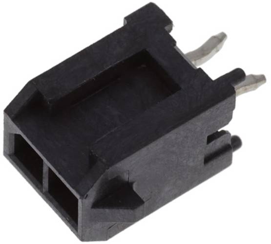 Ein Nahaufnahmebild eines schwarzen elektronischen Steckers mit zwei Metallstiften für elektrische Verbindungen.