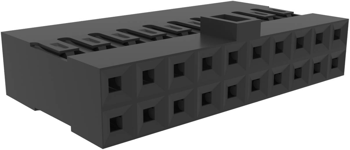 Ein schwarzer Kunststoffstecker mit rechteckiger Form und mehreren quadratischen Schlitzen, der zur Verbindung elektronischer Komponenten verwendet wird.