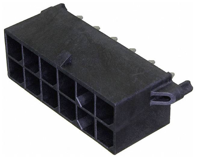 Ein schwarzer 12-poliger Elektrostecker mit zwei sichtbaren Ausrichtungslaschen an den Seiten. Er wird zum Verbinden von elektrischen Komponenten verwendet.