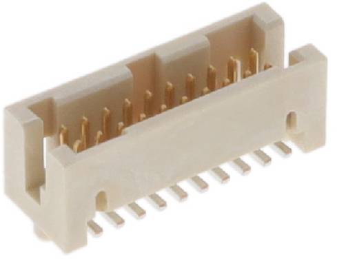 Ein beiger elektronischer Stecker mit mehreren Stiften und zwei Reihen, der zum Verbinden von Schaltkreisen auf einer Leiterplatte verwendet wird.