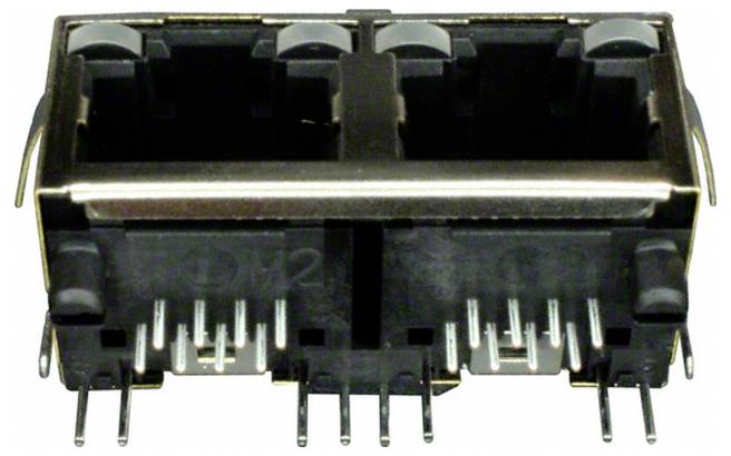 Doppelter RJ45-Anschluss mit metallischer Abschirmung und mehreren Kontakten, verwendet für Netzwerk- oder Datenverbindungen.