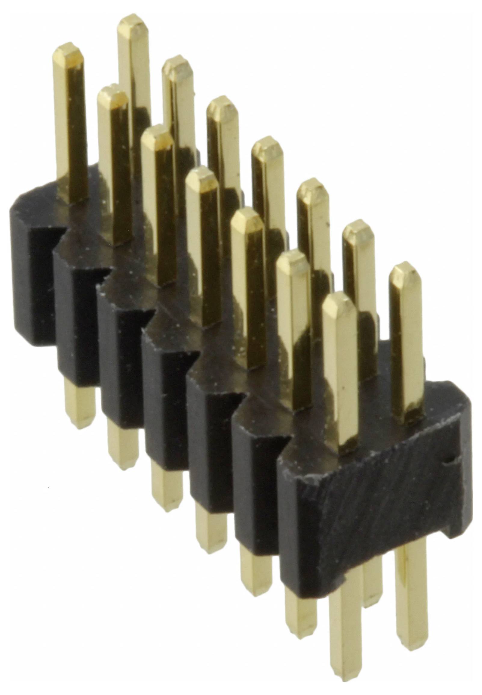 Ein schwarzes Kunststoffgehäuse mit 10 vergoldeten Metallstiften, das häufig in der Elektronik zum Verbinden von Komponenten auf einer Leiterplatte verwendet wird.