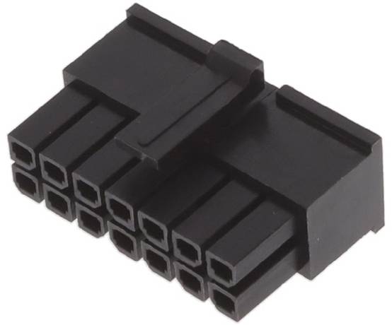 Schwarzer 12-poliger Elektrostecker von der Seite betrachtet mit sichtbaren Öffnungen.