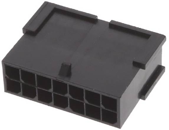 Ein schwarzer rechteckiger Kunststoffverbinder mit mehreren Schlitzen für Stifte, der in elektronischen oder Computerhard­ware-Anwendungen verwendet wird.