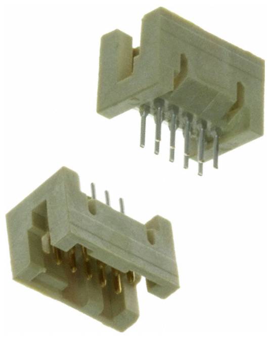 Zwei beige elektronische Stecker mit mehreren Metallstiften, die nach unten zeigen, vertikal positioniert, auf weißem Hintergrund.