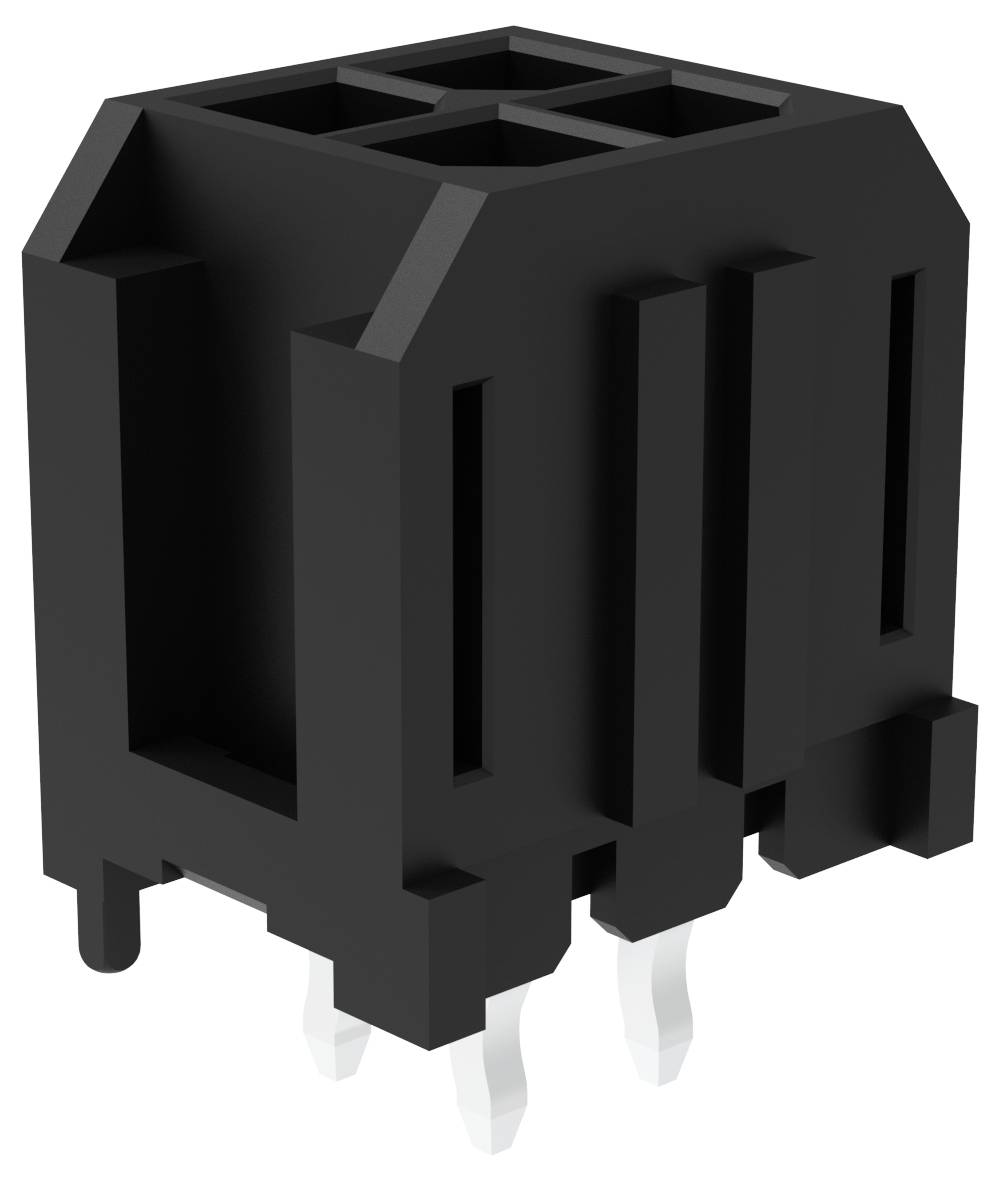 Ein schwarzer rechteckiger Stiftleisten-Stecker mit vier Metallstiften, der für elektrische Verbindungen auf einer Leiterplatte verwendet wird.