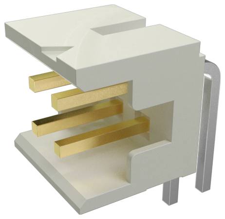 Ein 3D-Modell eines weißen, würfelförmigen elektronischen Steckers mit vier vergoldeten Stiften im Inneren. Er ist für die Montage auf Leiterplatten ausgelegt.