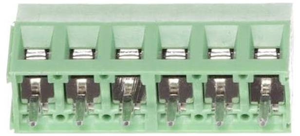 Eine Reihe von sechs grünen Anschlussklemmen mit Metallverbindern, die zum Verbinden von Elektrokabeln verwendet werden.