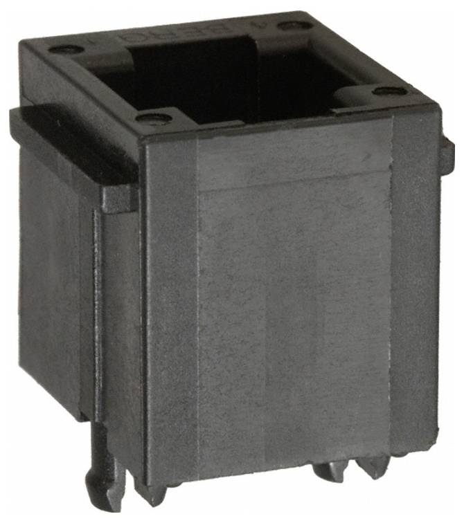 Ein schwarzes quadratisches Kunststoffgehäuse mit Befestigungsbeinen und offener Oberseite.