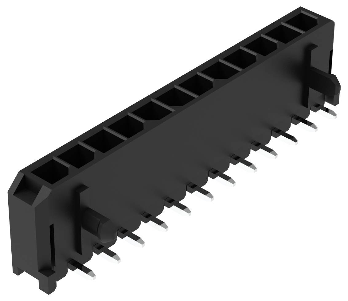 Ein schwarzer 10-poliger Stecker mit Winkelausführung und Metallkontakten, der für Verbindungen auf elektronischen Leiterplatten verwendet wird.