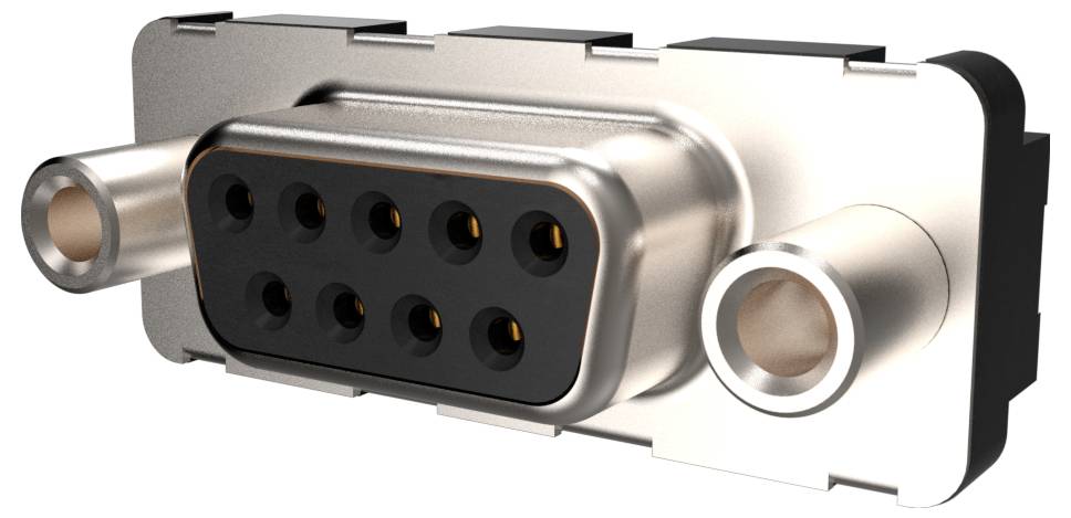 Ein metallischer elektronischer Stecker mit einem Gitter aus 9 kreisförmigen Stiftlöchern in einem rechteckigen Gehäuse, das auf jeder Seite abgerundete Vorsprünge aufweist.