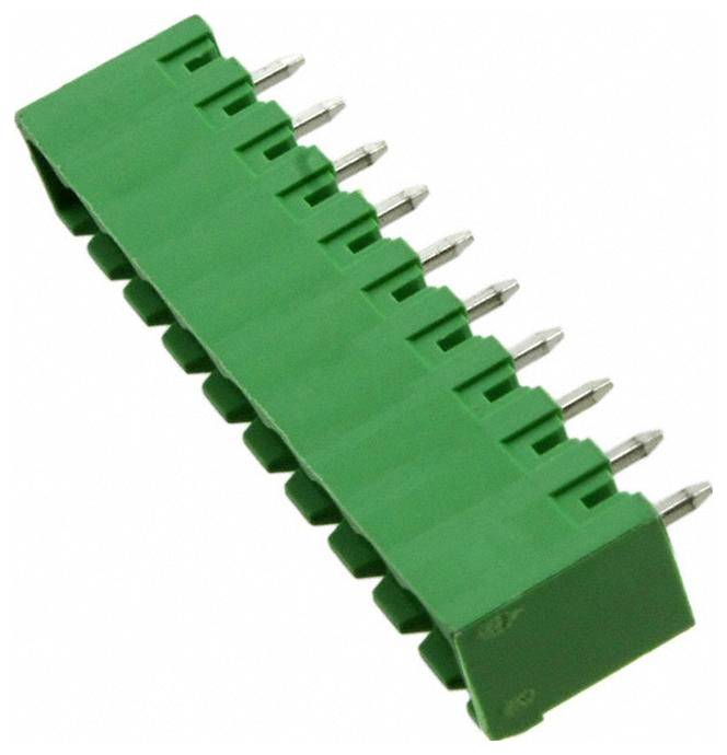 Ein grüner, abgewinkelter Mehrpin-Stecker mit Metallkontakten, der häufig in elektronischen Schaltungen zum Verbinden von Komponenten verwendet wird.