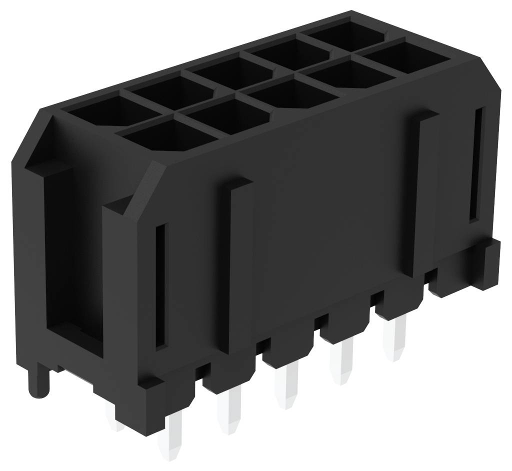 Ein schwarzer Kunststoff-Elektrostecker mit mehreren Stiften, der zum Verbinden von elektronischen Komponenten auf einer Leiterplatte verwendet wird.