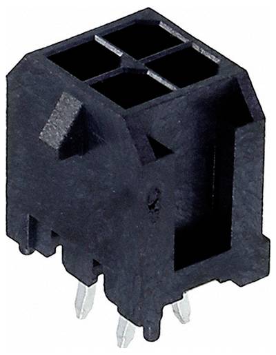 Ein schwarzer Kunststoff-Elektronikverbinder mit rechteckigem Gehäuse und vier Metallstiften an der Unterseite zum Befestigen auf einer Leiterplatte.