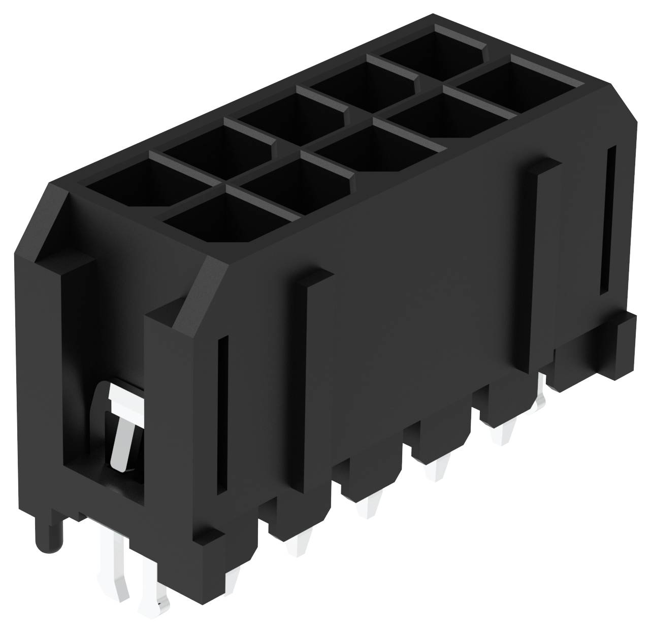 Eine 3D-Darstellung eines schwarzen zylindrischen Steckers mit mehreren Löchern. Das TE-Logo ist unten rechts sichtbar.