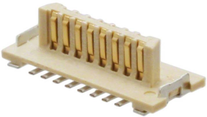 Eine Nahaufnahme eines beigen elektronischen Steckers mit mehreren Pins, die in einer Reihe angeordnet sind und zum Verbinden von Komponenten auf einer Leiterplatte verwendet werden.