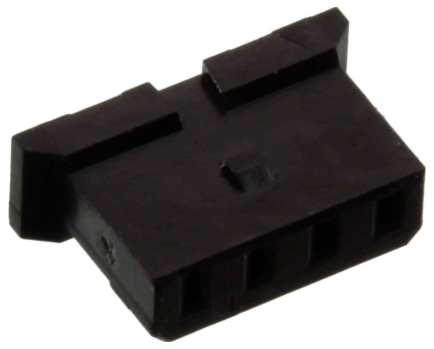 Ein schwarzer Kunststoff-4-Pol-Stecker, der häufig in der Elektronik zum Befestigen von Drähten an Leiterplatten verwendet wird.