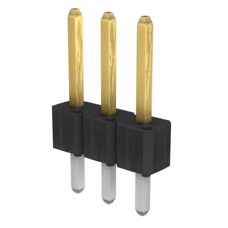Ein Dreifach-Stiftleisten-Stecker mit vergoldeten Kontakten und schwarzer Kunststoffbasis, verwendet für elektronische Schaltungsverbindungen.