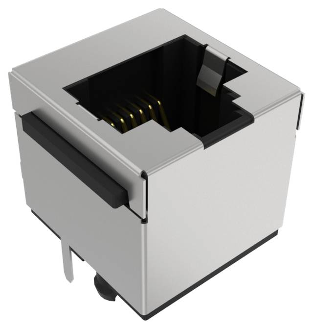 Ein Nahaufnahmebild eines quadratischen RJ-11-Telefonverbinders, das seine Metallkontakte im Anschluss zeigt.