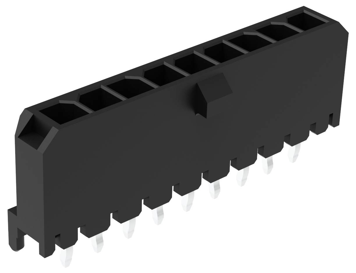 Ein schwarzer rechteckiger elektronischer Stecker mit zehn Pins, ausgelegt für die Montage auf Leiterplatten, im Winkel angeordnet, um das Pin-Layout deutlich zu zeigen.