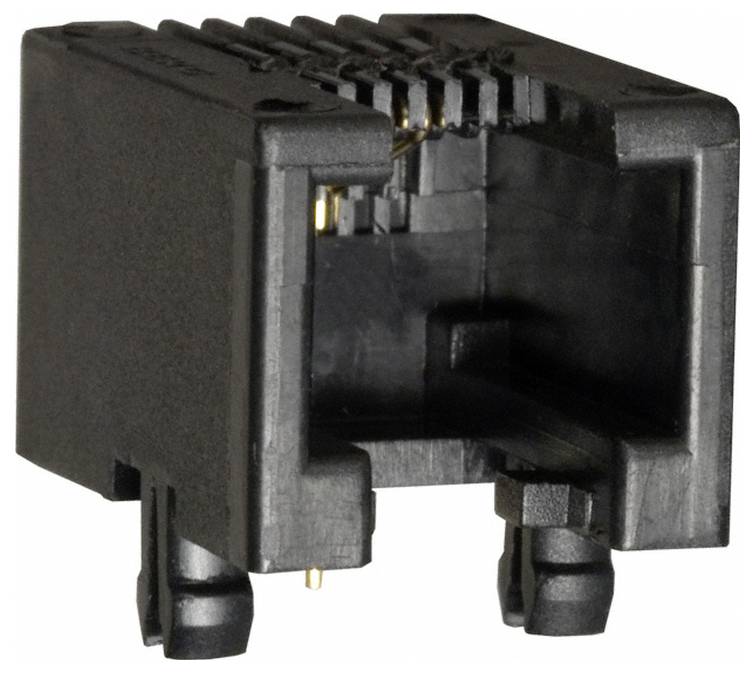 Ein schwarzer Kunststoff-RJ45-Ethernet-Anschluss mit sichtbaren Metallkontakten im Inneren, verwendet für Netzwerk- und Datenverbindungen.