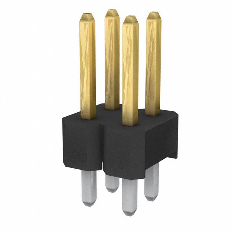 Ein vierpoliger Stecker mit Goldkontakten, verwendet zur Verbindung elektronischer Komponenten auf einer Leiterplatte.