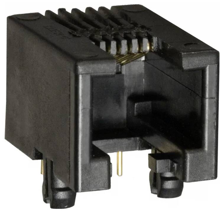 Ein schwarzer RJ45-Modularer Steckverbinder mit vergoldeten Kontakten, gezeigt in einer Nahaufnahme, wird für Ethernet-Netzwerkverbindungen verwendet.