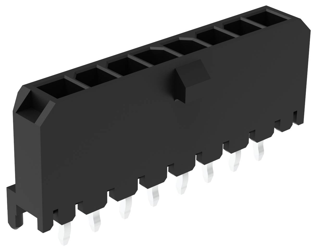Ein schwarzer rechteckiger Elektroverbinder mit acht Stiften, entwickelt für Leiterplattenanwendungen.