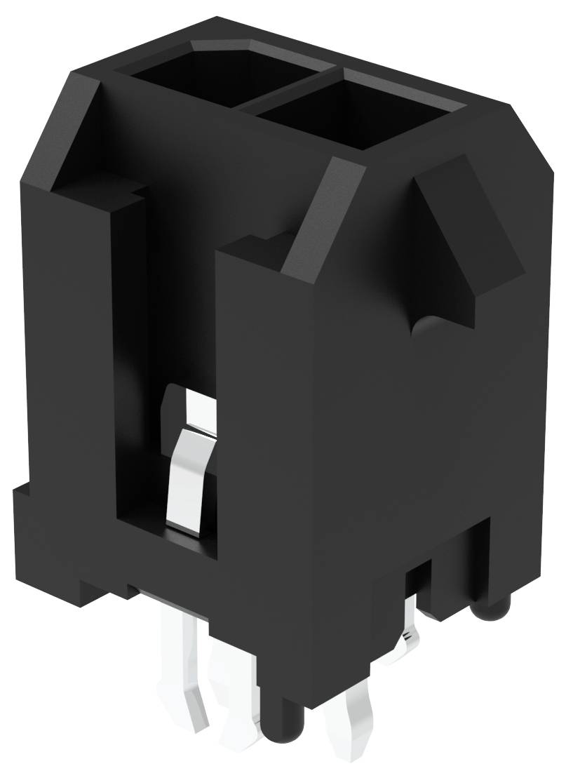 Eine schwarze, rechteckige elektronische Komponente mit mehreren Metallstiften, die aus der Unterseite herausragen, konzipiert für die Montage auf einer Leiterplatte.