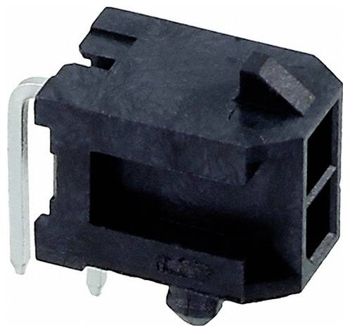 Ein schwarzes elektrisches Schalterkomponent mit rechteckiger Form und zwei Metallstiften auf der linken Seite für die Konnektivität.