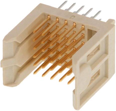 Ein beiger Kunststoffstecker mit mehreren vergoldeten Stiften, der in der Elektronik zum Verbinden und Übertragen von Signalen zwischen Komponenten verwendet wird.