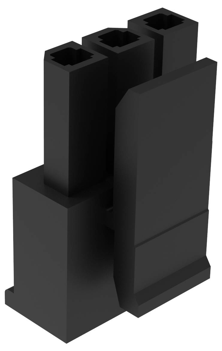 Ein schwarzer, vertikaler Kunststoffstecker mit drei rechteckigen Schlitzen, entwickelt für elektrische Komponenten.