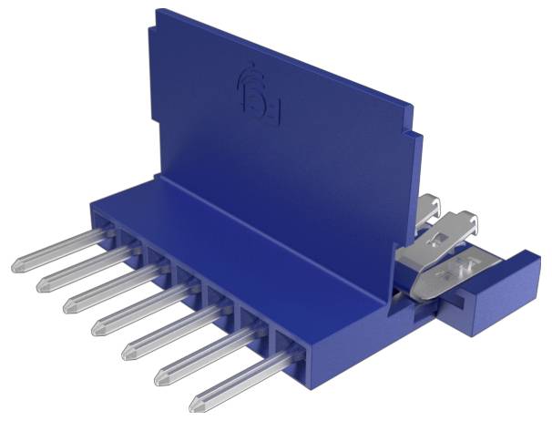 Blauer elektronischer Steckverbinder mit sechs Metallstiften und einer Klammer, wird für Leiterplattenbverbindungen verwendet.