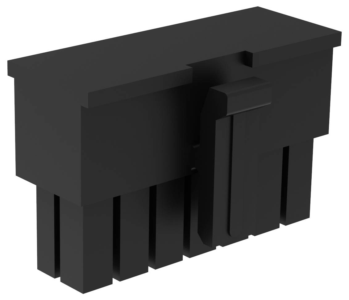 Schwarzer Kunststoff-Elektrostecker mit mehreren Kontakten und einer Verriegelung für sichere Befestigung.